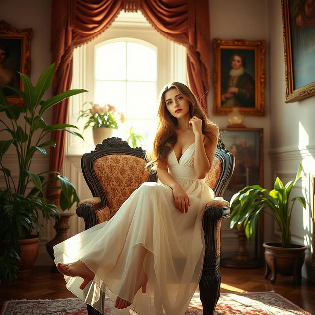 A young woman sitting gracefully on an ornate vintage chair in a sunlit room