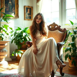 A young woman sitting gracefully on an ornate vintage chair in a sunlit room