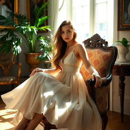 A young woman sitting gracefully on an ornate vintage chair in a sunlit room