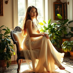 A young woman sitting gracefully on an ornate vintage chair in a sunlit room