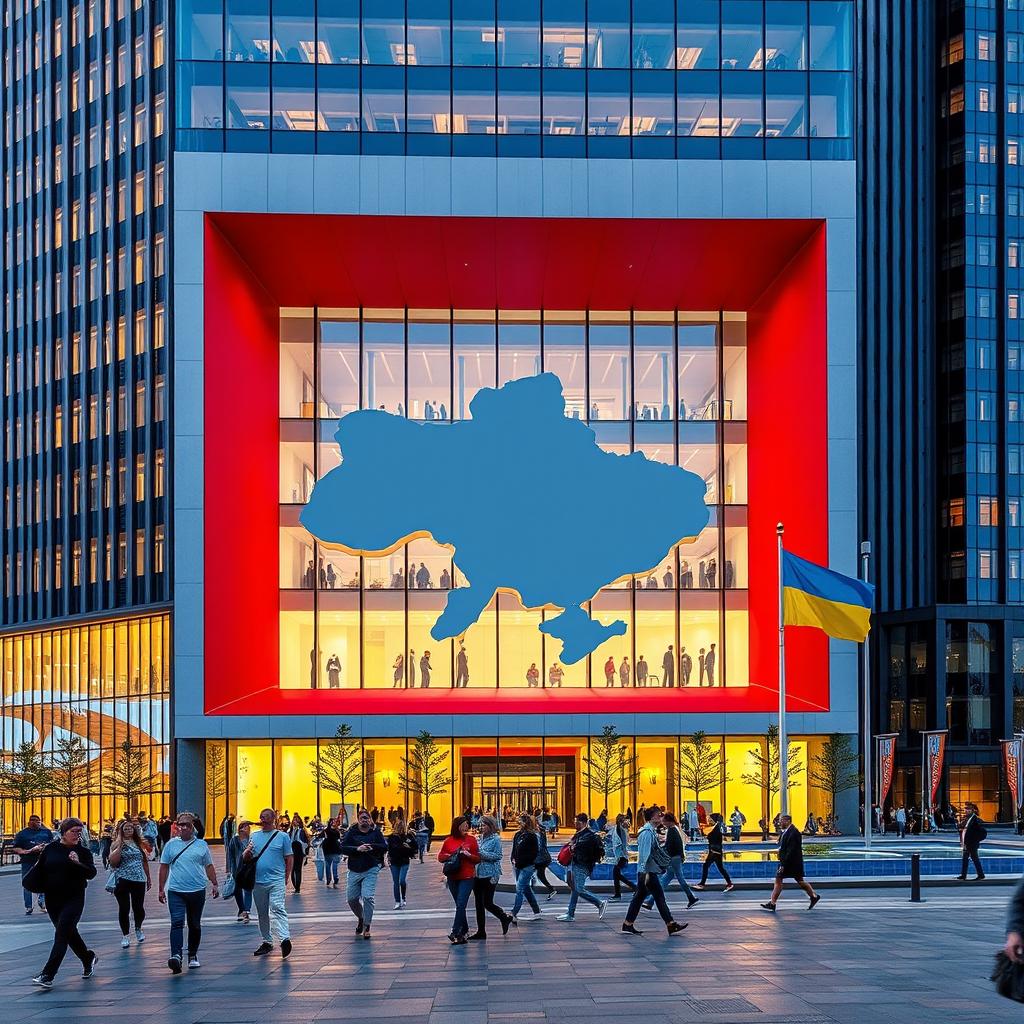 A cube-shaped office building with a sleek, modern glass facade, featuring a unique through-opening shaped like the map of Ukraine