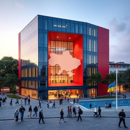 A cube-shaped office building with a sleek, modern glass facade, featuring a unique through-opening shaped like the map of Ukraine