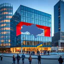 A cube-shaped office building with a sleek, modern glass facade, featuring a unique through-opening shaped like the map of Ukraine