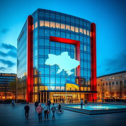 A cube-shaped office building with a sleek, modern glass facade, featuring a unique through-opening shaped like the map of Ukraine