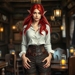 a half-elf woman in her twenties with striking purple eyes and flowing red hair