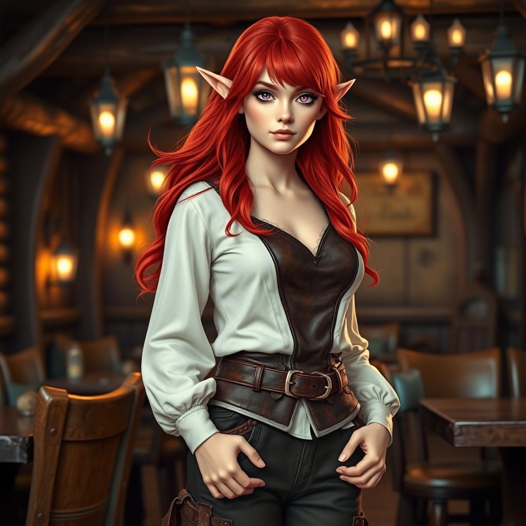 a half-elf woman in her twenties with striking purple eyes and flowing red hair