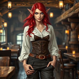 a half-elf woman in her twenties with striking purple eyes and flowing red hair