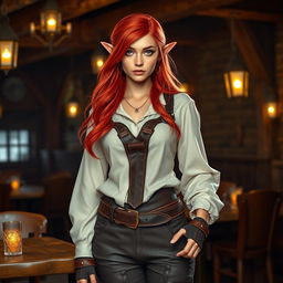 a half-elf woman in her twenties with striking purple eyes and flowing red hair