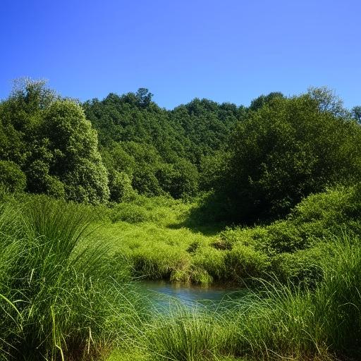 A breathtaking landscape brimming with lush green vegetation, a clear blue sky, babbling brook and a variety of vibrant wildlife interacting within their natural habitat.