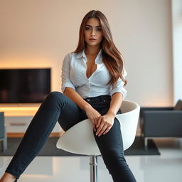 A young woman with voluptuous curves sitting confidently on a modern chair, wearing a fitted white shirt and tight black jeans