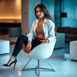 A young woman with voluptuous curves sitting confidently on a modern chair, wearing a fitted white shirt and tight black jeans