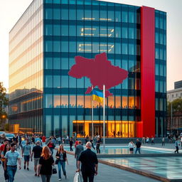 A cube-shaped office building with a sleek, modern glass facade, featuring an opening designed to form the map of Ukraine