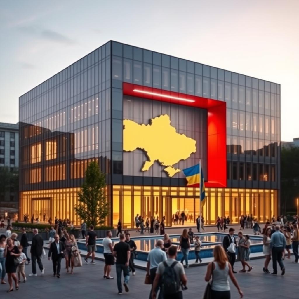 A cube-shaped office building with a sleek, modern glass facade, featuring an opening designed to form the map of Ukraine