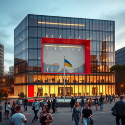 A cube-shaped office building with a sleek, modern glass facade, featuring an opening designed to form the map of Ukraine