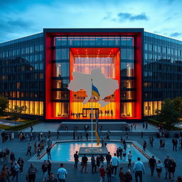 A cube-shaped office building with a sleek, modern glass facade, featuring an opening designed to form the map of Ukraine