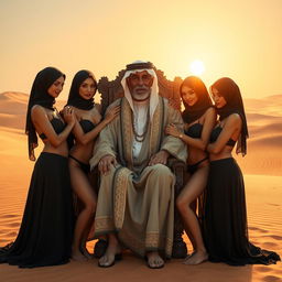 A vivid and imaginative scene set in a desert landscape, featuring four beautiful Arab women wearing black hijabs and bikinis