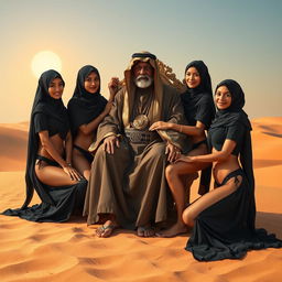 A vivid and imaginative scene set in a desert landscape, featuring four beautiful Arab women wearing black hijabs and bikinis