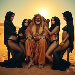 A vivid and imaginative scene set in a desert landscape, featuring four beautiful Arab women wearing black hijabs and bikinis