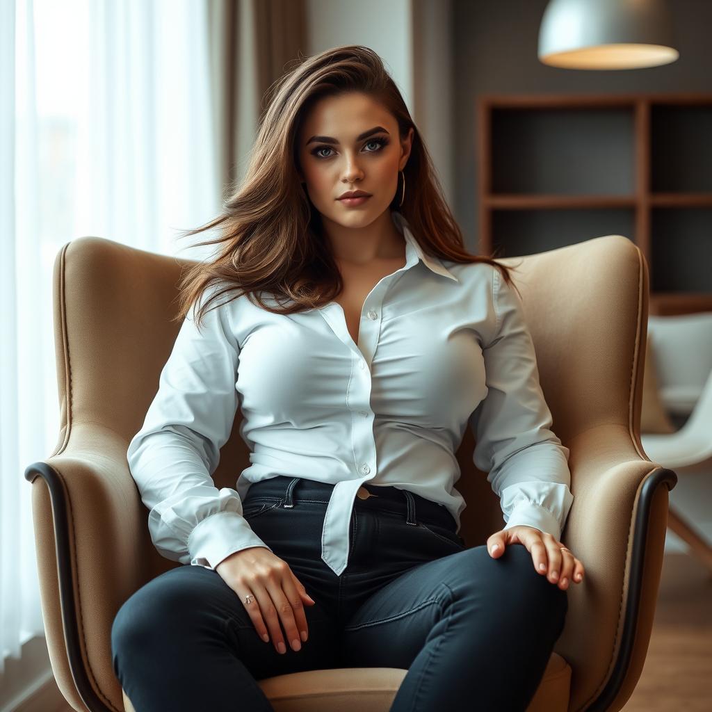 A young woman with a unique and striking appearance sitting confidently on a stylish chair