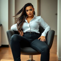 A young woman with a unique and striking appearance sitting confidently on a stylish chair