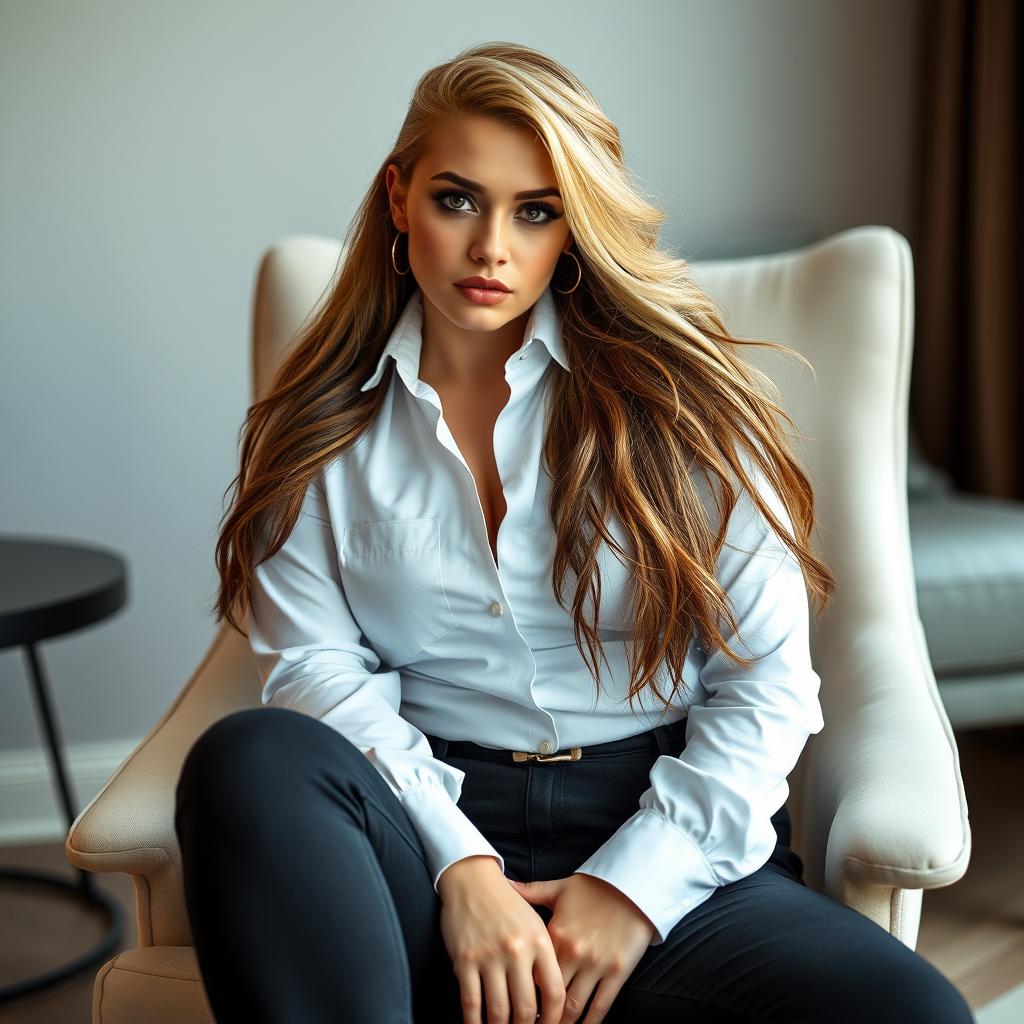 A young woman with a unique and striking appearance sitting confidently on a stylish chair