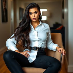 A young woman with a unique and striking appearance sitting confidently on a stylish chair