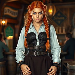 a half-elf woman in her twenties with mesmerizing purple eyes and vibrant orange hair styled into two Dutch braids merging into a ponytail