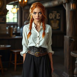 a half-elf woman in her twenties with mesmerizing purple eyes and vibrant orange hair styled into two Dutch braids merging into a ponytail