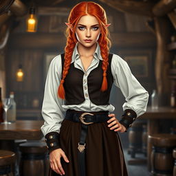 a half-elf woman in her twenties with mesmerizing purple eyes and vibrant orange hair styled into two Dutch braids merging into a ponytail