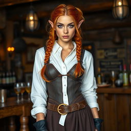 a half-elf woman in her twenties with mesmerizing purple eyes and vibrant orange hair styled into two Dutch braids merging into a ponytail