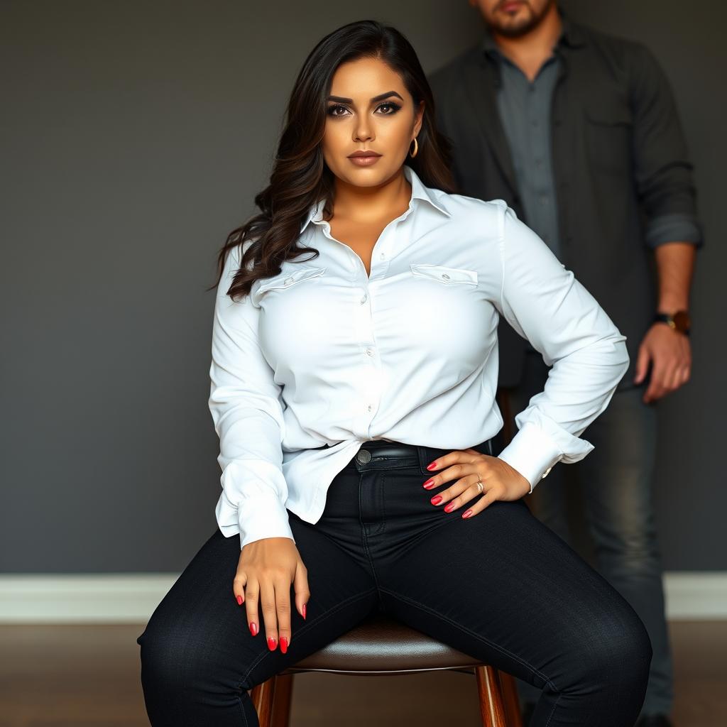 A woman sits confidently on a chair, wearing a white shirt that fits snugly over her ample bosom, paired with black jeans that accentuate her curvy figure