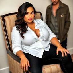 A woman sits confidently on a chair, wearing a white shirt that fits snugly over her ample bosom, paired with black jeans that accentuate her curvy figure