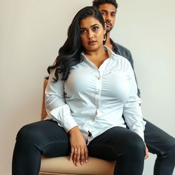 A woman sits confidently on a chair, wearing a white shirt that fits snugly over her ample bosom, paired with black jeans that accentuate her curvy figure