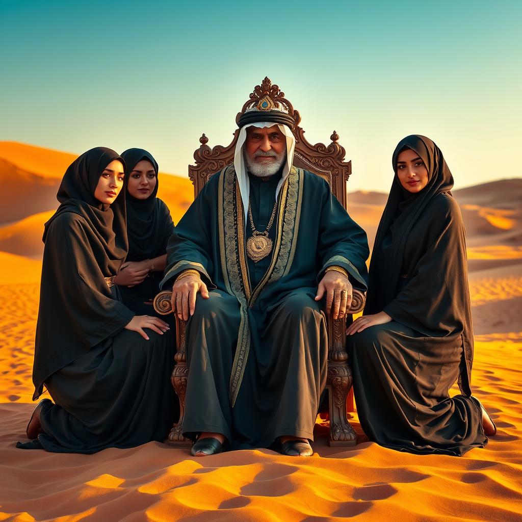 A vibrant and creative desert scene featuring four beautiful Arab women wearing black hijabs and modest attire, encircling an older master adorned in a traditional Arabian robe