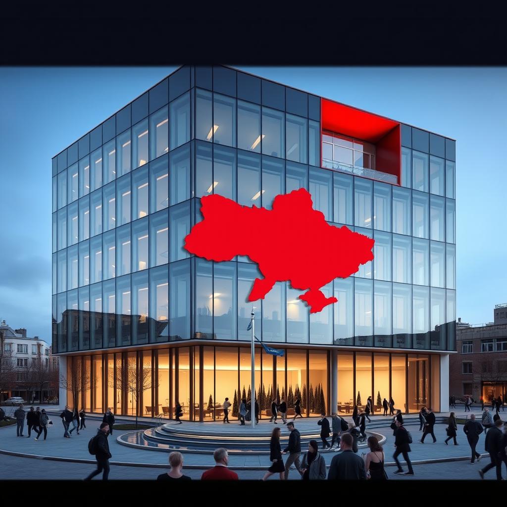 A cube-shaped office building featuring a modern glass facade with an indentation in the wall that mimics the shape of the map of Ukraine in vibrant red