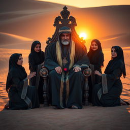 A vibrant and creative desert scene featuring four beautiful Arab women wearing black hijabs and modest attire, encircling an older master adorned in a traditional Arabian robe