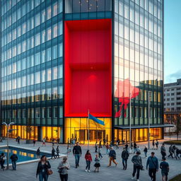 A cube-shaped office building featuring a modern glass facade with an indentation in the wall that mimics the shape of the map of Ukraine in vibrant red