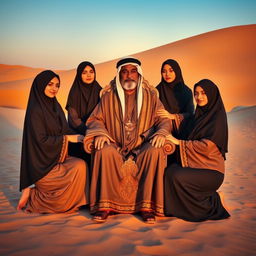 A vibrant and creative desert scene featuring four beautiful Arab women wearing black hijabs and modest attire, encircling an older master adorned in a traditional Arabian robe