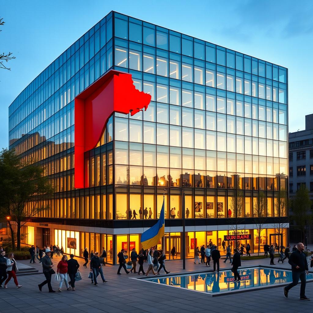 A cube-shaped office building featuring a modern glass facade with an indentation in the wall that mimics the shape of the map of Ukraine in vibrant red