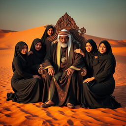 A vibrant and creative desert scene featuring four beautiful Arab women wearing black hijabs and modest attire, encircling an older master adorned in a traditional Arabian robe