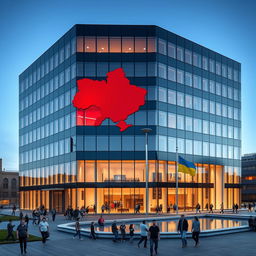 A cube-shaped office building featuring a modern glass facade with an indentation in the wall that mimics the shape of the map of Ukraine in vibrant red