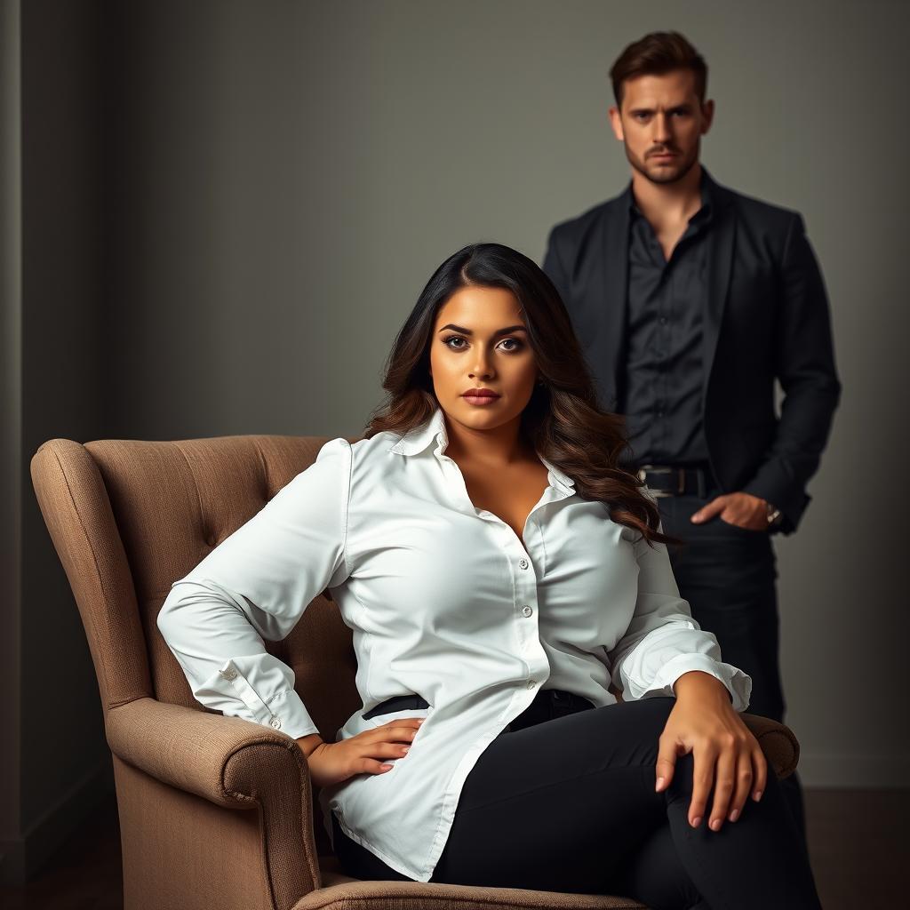 A woman sits confidently on a chair, wearing a white shirt that accentuates her fuller figure, paired with black jeans that highlight her curves