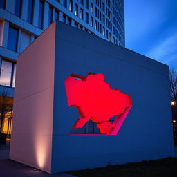 A wall with an indented opening shaped like the map of Ukraine, featuring vivid red coloring within the indentation