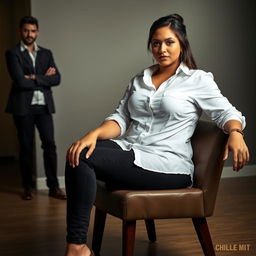 A woman sits confidently on a chair, wearing a white shirt that accentuates her fuller figure, paired with black jeans that highlight her curves