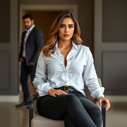 A woman sits confidently on a chair, wearing a white shirt that accentuates her fuller figure, paired with black jeans that highlight her curves