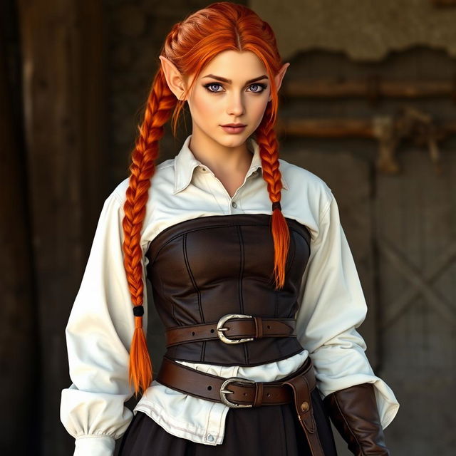 a half-elf woman in her twenties, exuding charm with her striking purple eyes and vibrant orange hair, styled into two Dutch braids merging into a ponytail