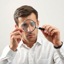 A man standing and wearing a crisp, white shirt, holding a magnifying glass up close to his face