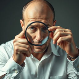 A man standing and wearing a crisp, white shirt, holding a magnifying glass up close to his face