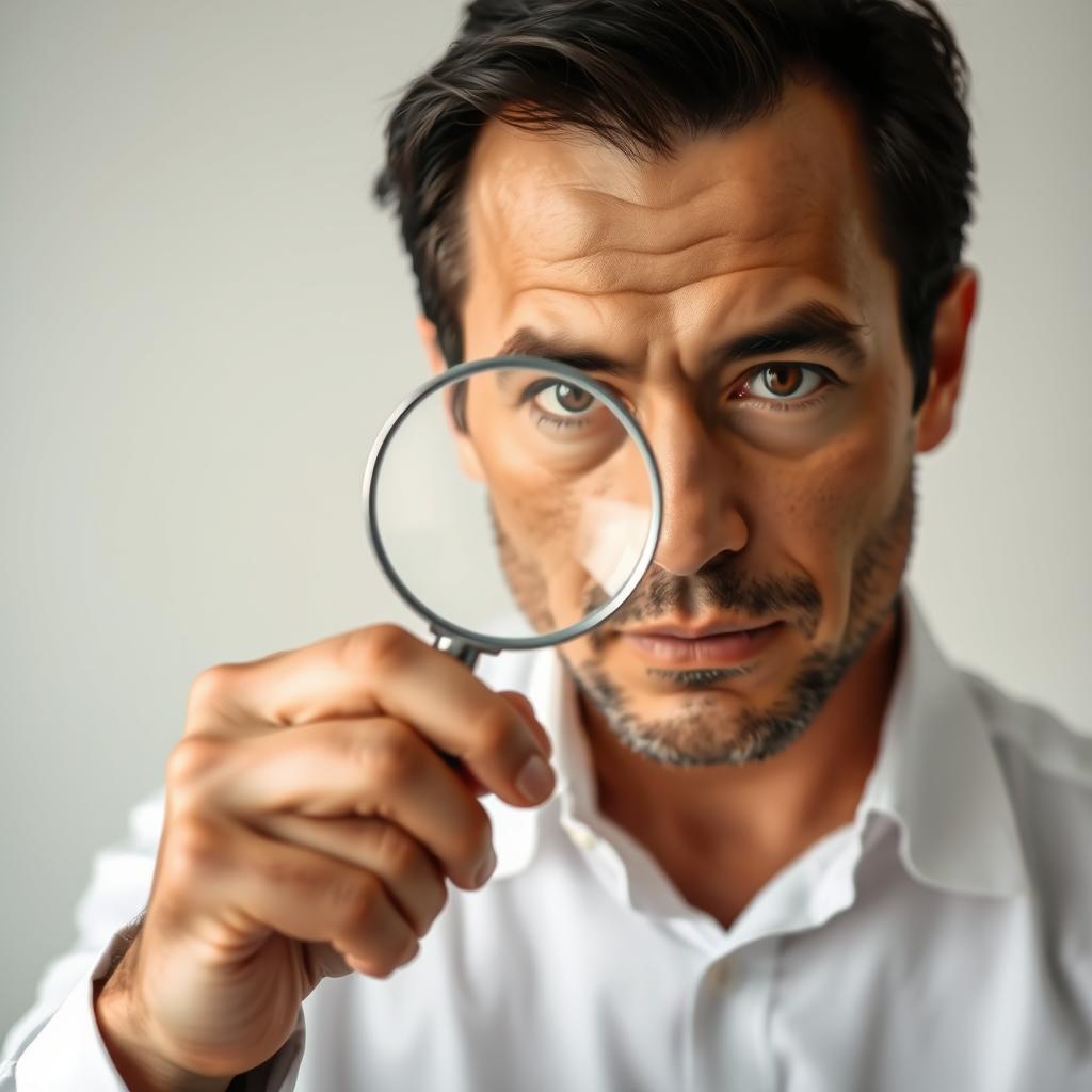 A man standing and wearing a crisp, white shirt, holding a magnifying glass up close to his face