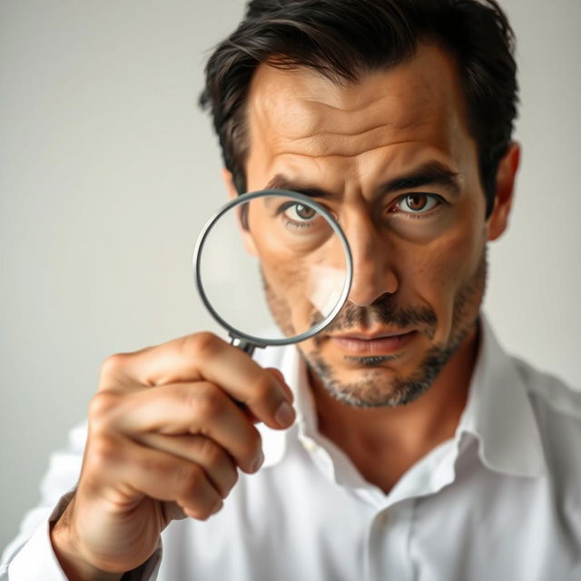 A man standing and wearing a crisp, white shirt, holding a magnifying glass up close to his face